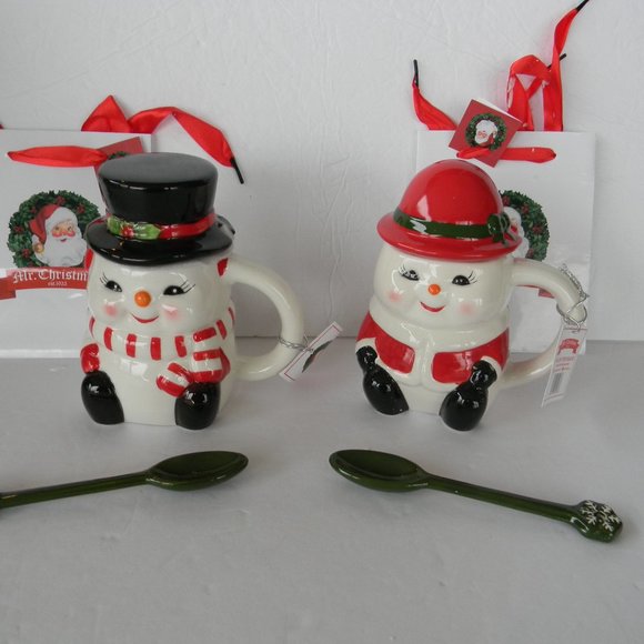 NEW Mr. Christmas SNOWMAN Mugs W/ Lids and Spoons (Set of 2) Large Ceramic GIFT - Picture 1 of 5
